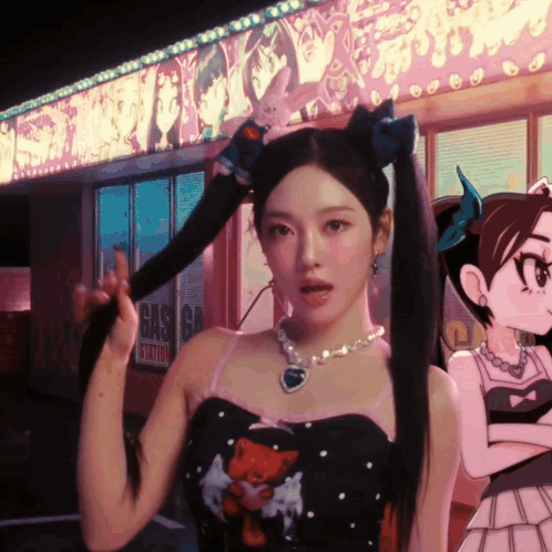 A Woman With Pigtails Stands In Front Of A Gas Station GIF