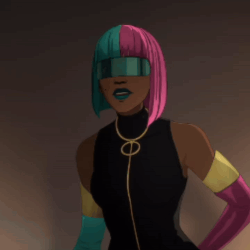 A Woman With Pink And Blue Hair Is Wearing Gloves GIF