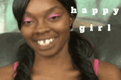 A Woman With Pink Eye Shadow Is Smiling With The Words Happy Girl Behind Her GIF