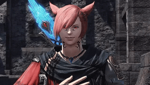 A Woman With Pink Hair And Red Eyes Is Holding A Blue Sword In Her Hand . GIF