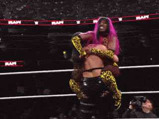A Woman With Pink Hair Is Being Lifted In A Wrestling Ring By Another Woman GIF