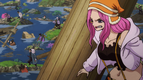 A Woman With Pink Hair Is Standing Next To A Wooden Pole GIF