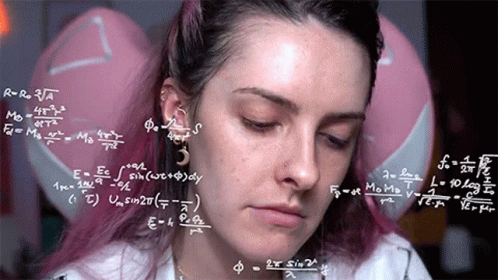 A Woman With Pink Hair Is Surrounded By Math Equations On Her Face . GIF