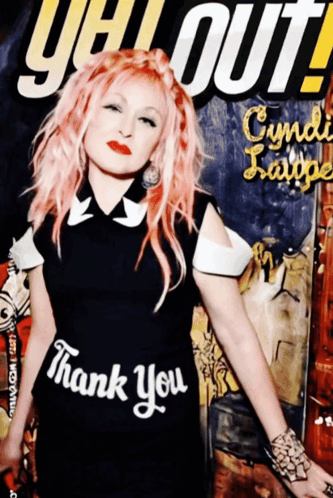 A Woman With Pink Hair Is Wearing A Black Shirt That Says " Thank You " GIF