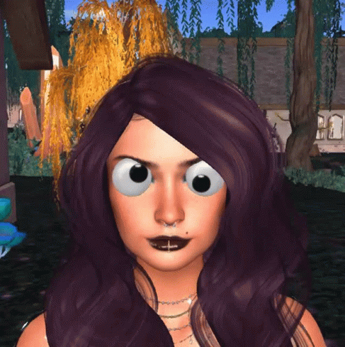 A Woman With Purple Hair And Big Eyes Looks Angry GIF