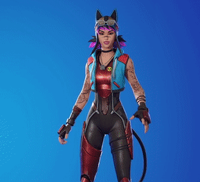 A Woman With Purple Hair And Cat Ears Is Holding A Gun And A Cane . GIF