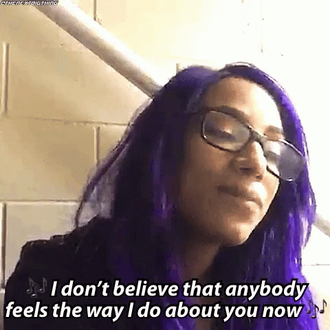 a woman with purple hair and glasses is saying i don t believe that anybody feels the way i do about you now