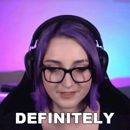 A Woman With Purple Hair And Glasses Is Wearing Headphones And Saying Definitely GIF