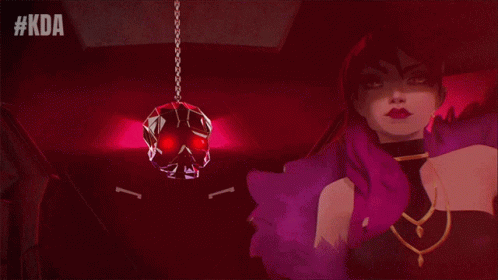 A Woman With Purple Hair And Pink Sunglasses Is Standing In A Dark Room With #Kda Written Above Her GIF