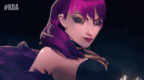 A Woman With Purple Hair Has The Hashtag #Kda On The Bottom Right GIF