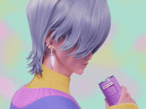A Woman With Purple Hair Is Holding A Can Of Soda That Says " Today 'S Tea " On The Label GIF