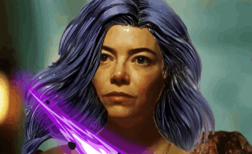 a woman with purple hair is holding a sword