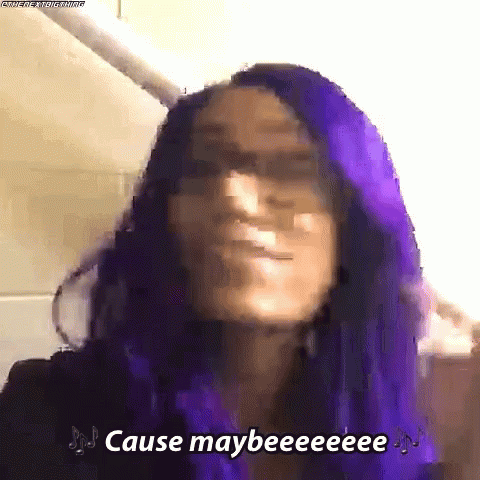 a woman with purple hair is making a funny face and says cause maybeeeee .