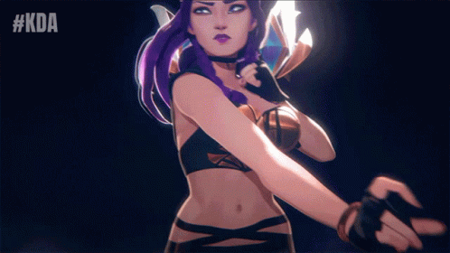 A Woman With Purple Hair Is Standing In Front Of A #Kda Sign GIF