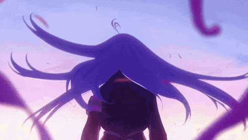 A Woman With Purple Hair Is Standing In Front Of A Purple Sky . GIF