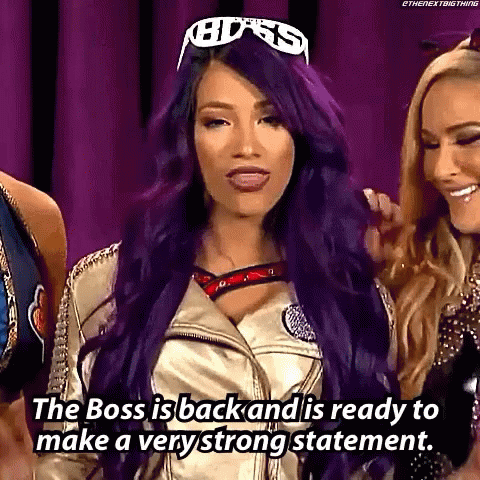 A Woman With Purple Hair Is Standing Next To Two Other Women And Says The Boss Is Back And Is Ready To Make A Very Stron GIF