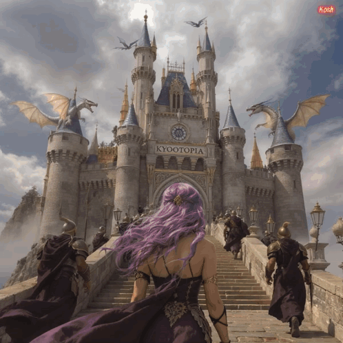 A Woman With Purple Hair Is Walking Up Stairs Towards A Castle Called Kyotopia GIF