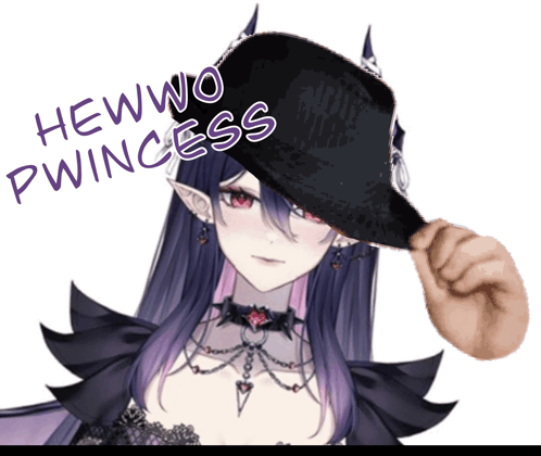 A Woman With Purple Hair Is Wearing A Black Hat That Says Hewwo Pwiness GIF