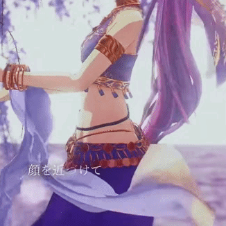 A Woman With Purple Hair Is Wearing A Blue Skirt And A Blue Top GIF