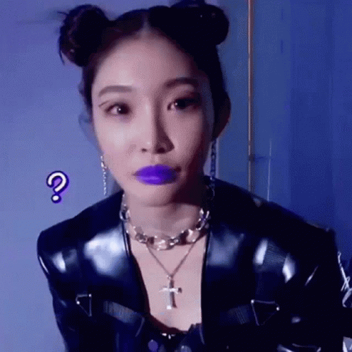 A Woman With Purple Lipstick And Buns On Her Hair Is Wearing A Black Jacket And A Necklace . GIF