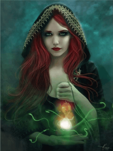 A Woman With Red Hair And A Black Hood Is Holding A Light GIF