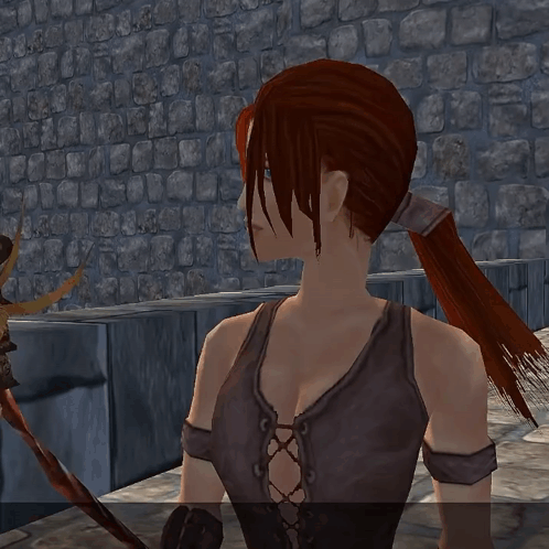 A Woman With Red Hair And Blue Eyes Is Standing In Front Of A Brick Wall GIF