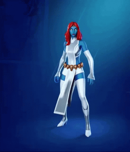A Woman With Red Hair And Blue Eyes Is Standing On A Blue Background In A Superhero Costume . GIF