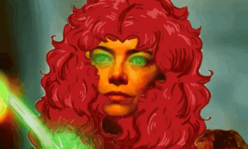 a woman with red hair and green eyes holds a green light