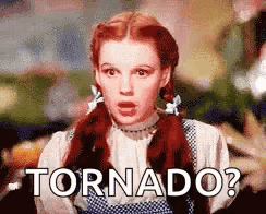A Woman With Red Hair And Pigtails Is Standing In Front Of A Sign That Says Tornado ? GIF