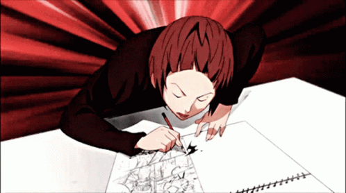 A Woman With Red Hair Is Drawing On A Piece Of Paper With A Pen GIF