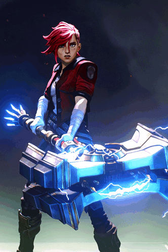 A Woman With Red Hair Is Holding A Large Blue Axe GIF