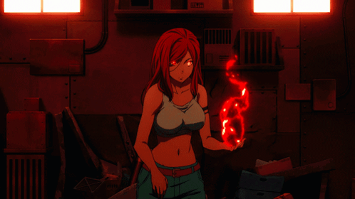 A Woman With Red Hair Is Holding A Red Object In Her Hand In A Dark Room GIF