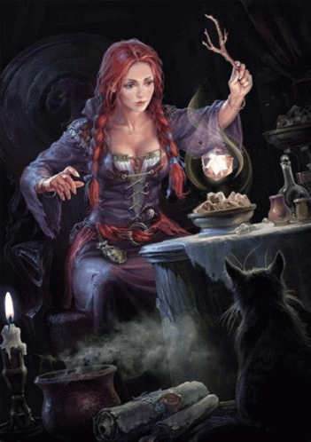 A Woman With Red Hair Is Holding A Stick In Her Hand GIF