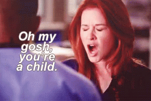 A Woman With Red Hair Is Screaming With The Words Oh My Gosh You 'Re A Child Behind Her GIF