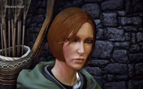 A Woman With Red Hair Is Sitting In Front Of A Brick Wall With Arrows In A Basket And The Words Illusive Soul On The Top GIF