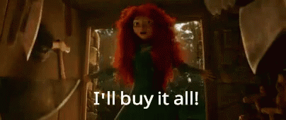 A Woman With Red Hair Is Standing In A Room With A Saw And The Words `` I 'Ll Buy It All ! '' GIF