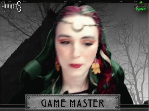 A Woman With Red Hair Is Standing In Front Of A Sign That Reads Game Master GIF