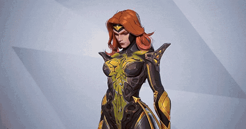 A Woman With Red Hair Is Wearing A Black And Gold Superhero Costume GIF