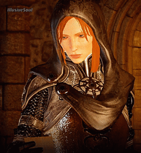A Woman With Red Hair Is Wearing A Hooded Cape And Holding A Sword In Front Of An Illusive Soul Watermark GIF