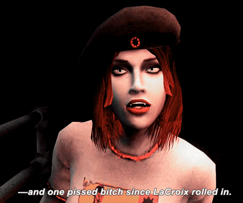 A Woman With Red Hair Says " And One Pissed Bitch Since Lacroix Rolled In " In A Dark Room GIF