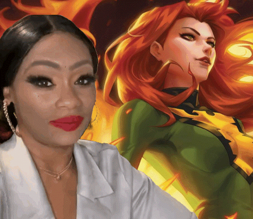 A Woman With Red Lips Is Standing In Front Of A Painting Of Phoenix GIF