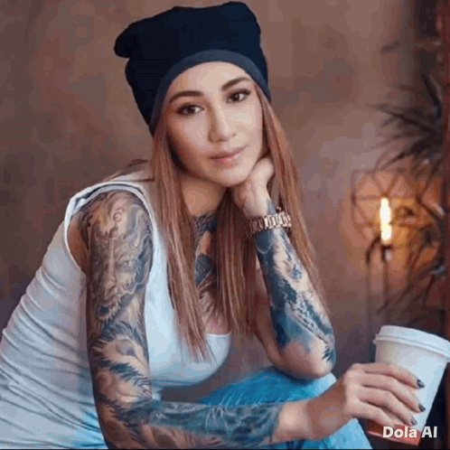A Woman With Tattoos On Her Arms Is Holding A Cup Of Coffee And Wearing A Beanie . GIF