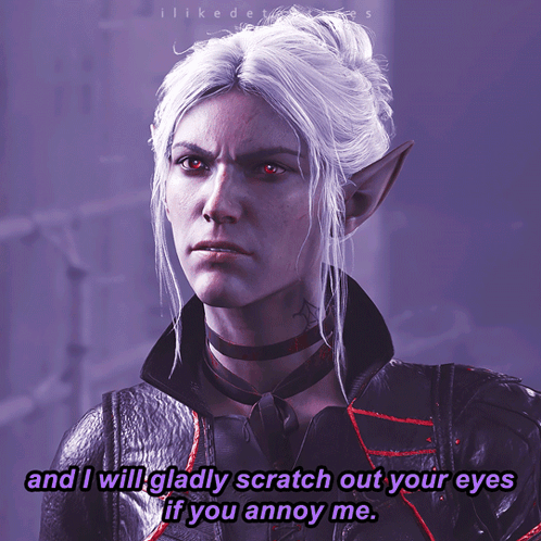 Woman With White Hair And Red Eyes Saying I Will Gladly Scratch Out Your Eyes GIF