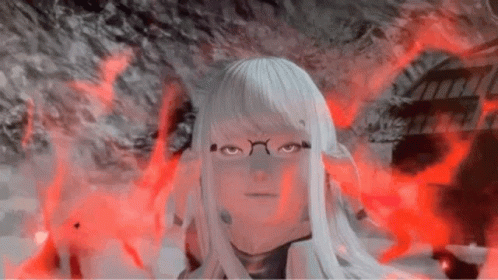 A Woman With White Hair Is Standing In Front Of A Red Fire . GIF