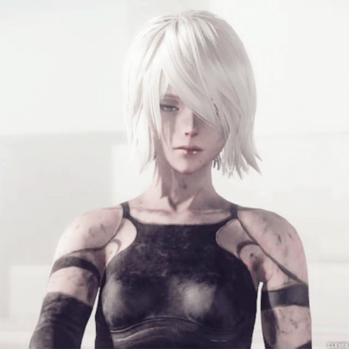 A Woman With White Hair Is Wearing A Black Top And Black Sleeves GIF