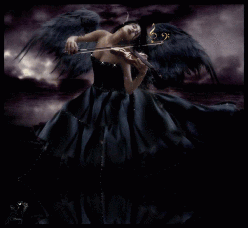 A Woman With Wings Is Playing A Violin In A Dark Room GIF