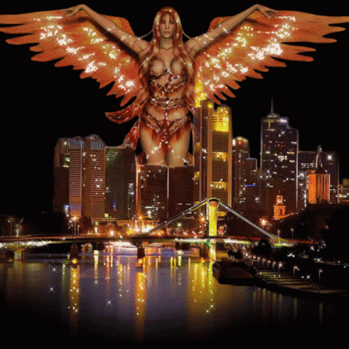 A Woman With Wings Is Standing In Front Of A City Skyline GIF