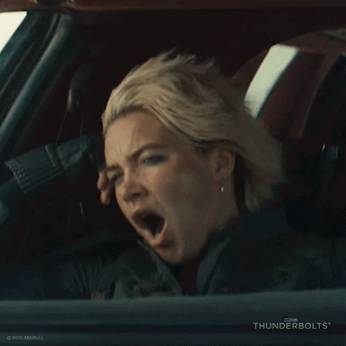A Woman Yawning In A Car With Thunderbolts On The Bottom GIF
