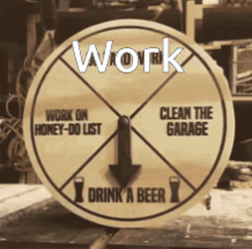 A Wooden Circular Sign That Says Work On Honey-Do List Clean The Garage And Drink A Beer GIF