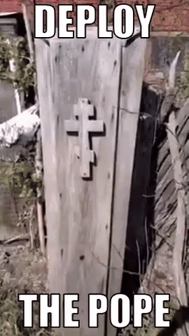 A Wooden Coffin With A Cross On It And The Words Deploy The Pope On It GIF
